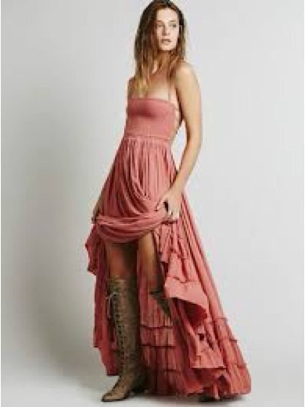 Strapless Ruffled High-Low Maxi Dress — Dusty Rose